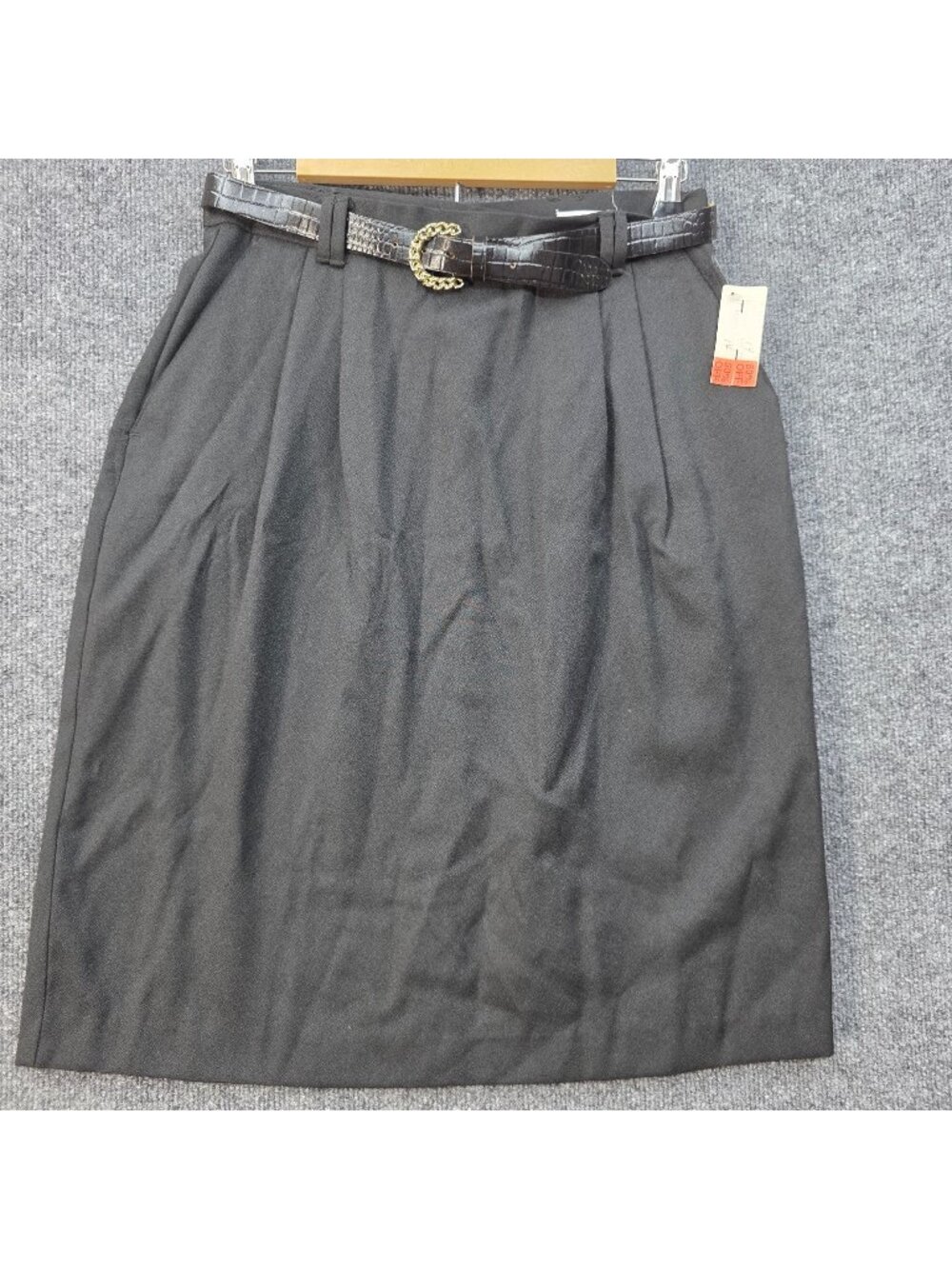 Vintage 90s Lord Isaacs Belted Midi Skirt 14 Black USA Rayon Office Whimsygoth
